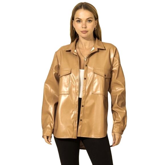 HYFVE Oversized Vegan Leather Button Up Long Sleeve Brown Jacket Women Sz L - Picture 1 of 10
